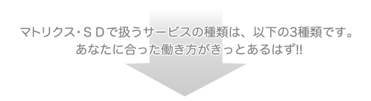 マトリクス･SDで扱うサービスの種類は、以下の3種類です。あなたに合った働き方がきっとあるはず!!